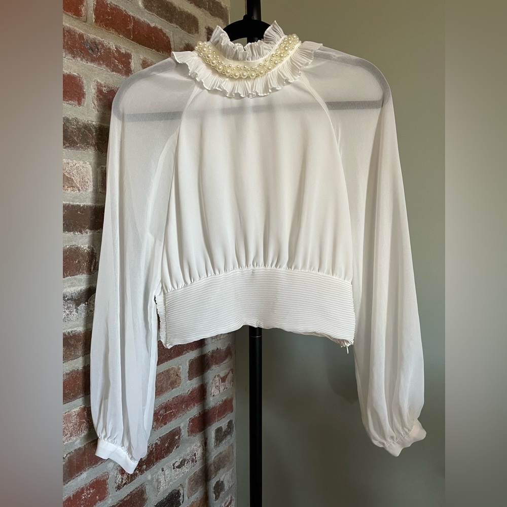 Zara white sheer long-sleeve blouse with a ruffled, pearl-embellished high neck